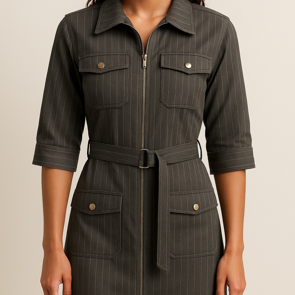 Charcoal Pinstripe Belted Shirt Dress Size ,12
